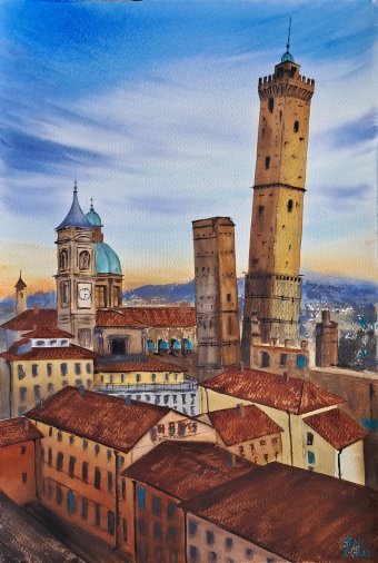 Pittura "Bologna Torre dell'Orologio", pittore Yuliia Sharapova acquerello carta alla Jose Art Gallery