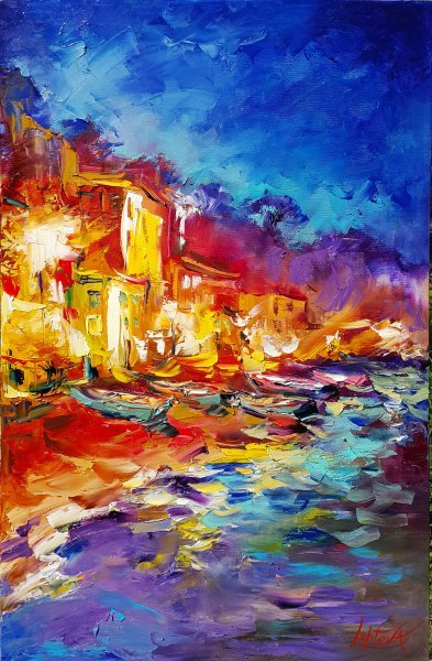 Expressive Evening Cityscape Sorrento Coast Painting by Viktoria