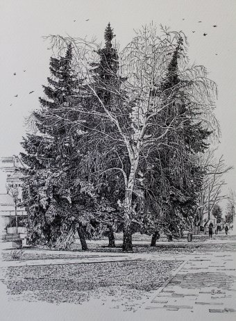 Gráfico "Los árboles urbanos", ilustrador Spartak Chernyshov tinta papel en Jose Art Gallery