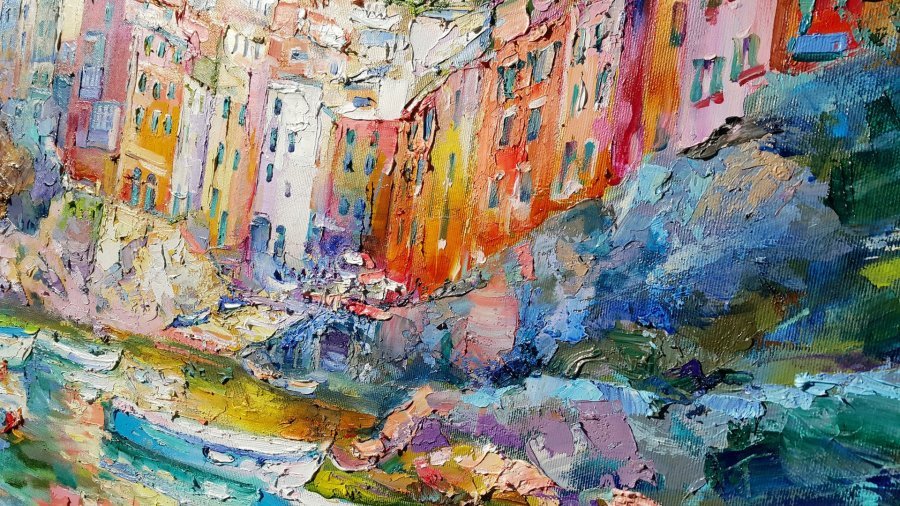 Additional view 3: Impressionism Cityscapes Painting Sunny day in Riomaggiore by painter Viktoria Lapteva oil canvas 