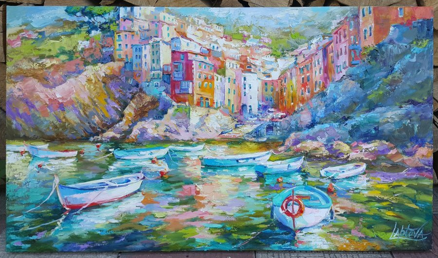 Additional view 10: Impressionism Cityscapes Painting Sunny day in Riomaggiore by painter Viktoria Lapteva oil canvas 