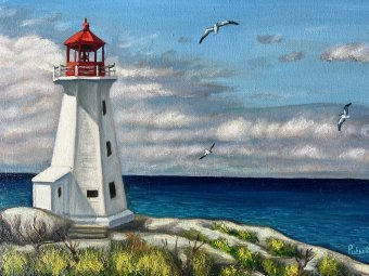 Malerei "Seelandschaft Leuchtturm Küstenruhe", maler/-in Stepan Ribkevich Öl Leinwand in der Jose Art Gallery