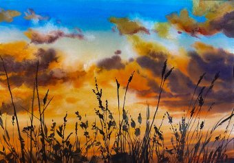 Painting "Sunset. Romance of a rural landscape" by painter Oleksandra Karaulna watercolor paper at Jose Art Gallery