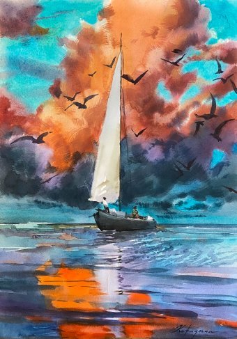 Painting "Song of Wind and Water" by painter Oleksandra Karaulna watercolor paper at Jose Art Gallery