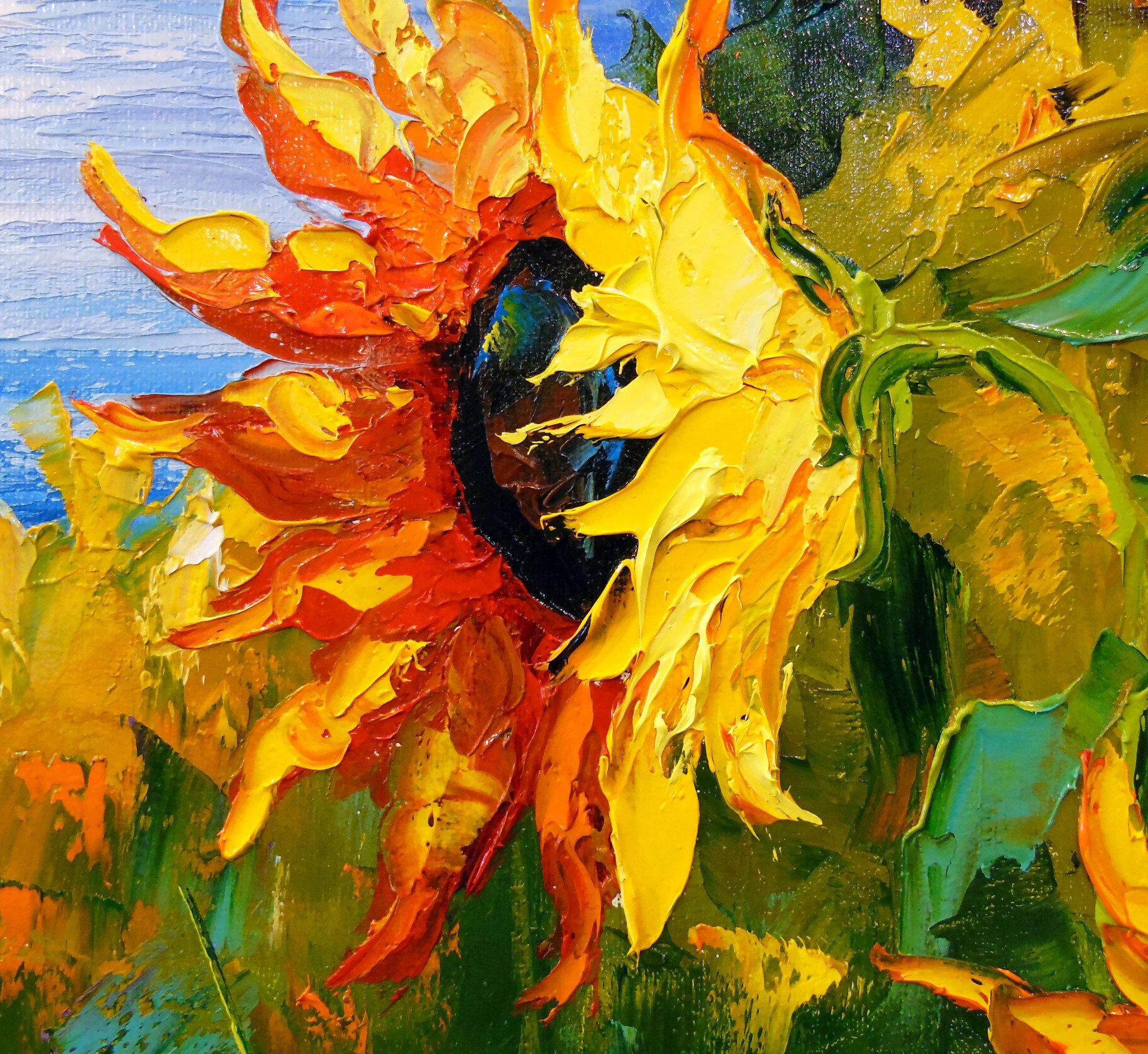A field of sunflowers by the r Painting by Olha Darchuk