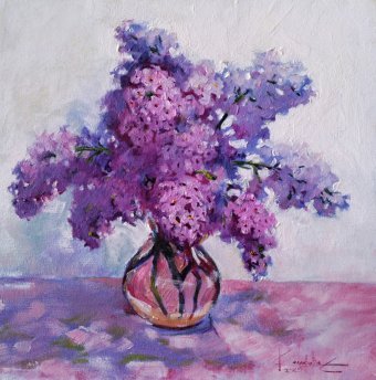 Pintura "Naturaleza muerta Ternura floreciente: frescura primaveral en tonos rosados y morados", pintor Svitlana Komarova óleo lienzo en Jose Art Gallery