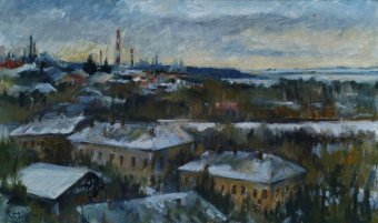 Pintura "Mañana de invierno sobre la ciudad: silencio y nieve", pintor Svitlana Komarova óleo lienzo en Jose Art Gallery