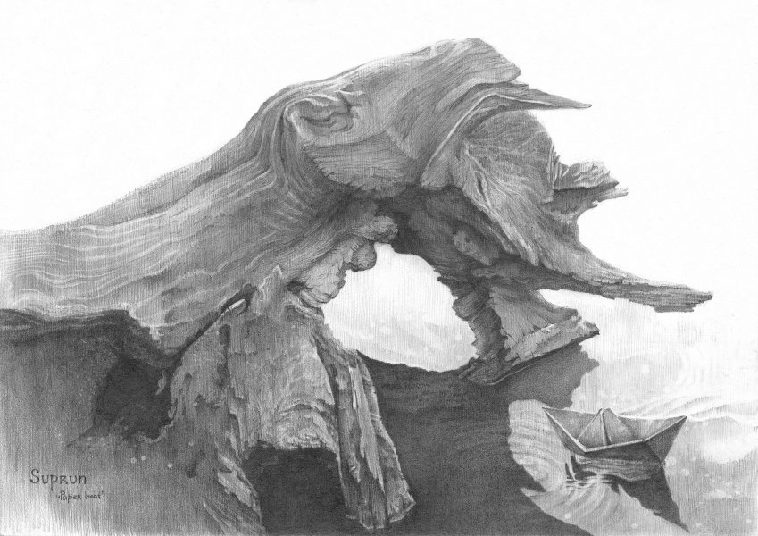 Simbolismo Paisaje Gráfico "Paper boat" ilustrador Julia Suprun lápiz papel 