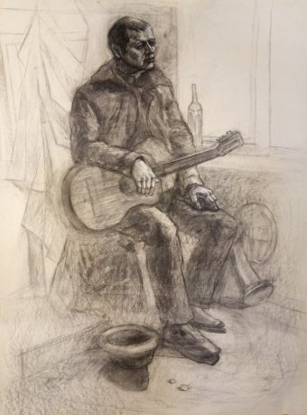 Drawing "Serenade for the heart" by illustrator Violeta Vodyana charcoal cardboard at Jose Art Gallery