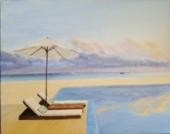 Peinture "Plage silencieuse", peintre Nataliia Sarbasova acrylique toile à la Jose Art Gallery