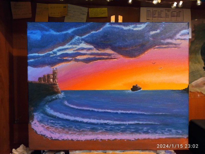 Additional view 1: Impressionism Marine Art Painting Crimea, Swallow's Nest by painter Nataliia Sarbasova acrylic canvas 