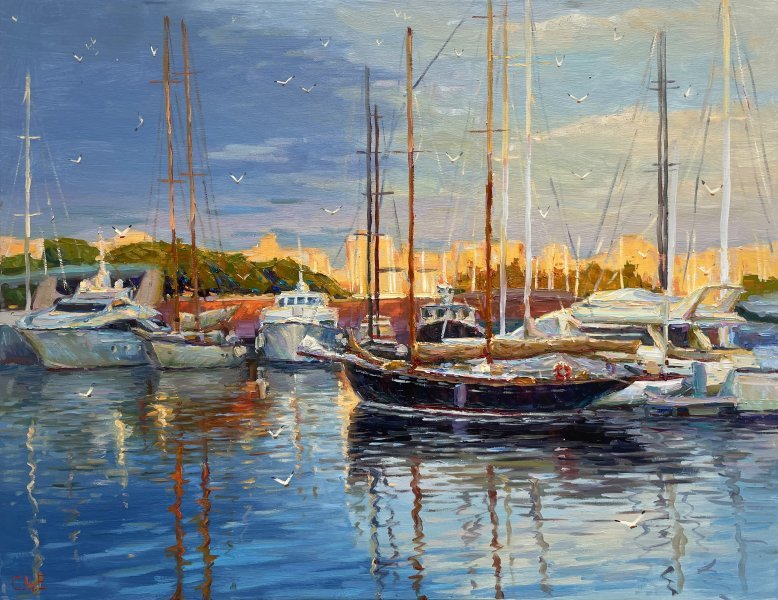 Impressionism Marine Art Painting Quiet Harbor by painter Yevgeny Chernyakovsky oil canvas 