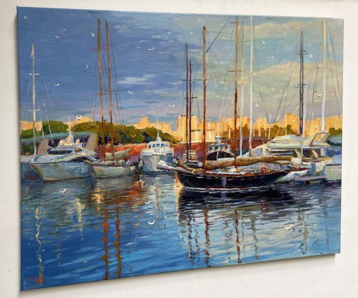 Additional view 1: Impressionism Marine Art Painting Quiet Harbor by painter Yevgeny Chernyakovsky oil canvas 