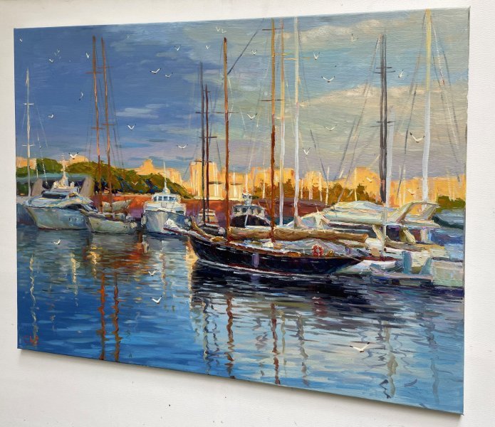 Additional view 2: Impressionism Marine Art Painting Quiet Harbor by painter Yevgeny Chernyakovsky oil canvas 
