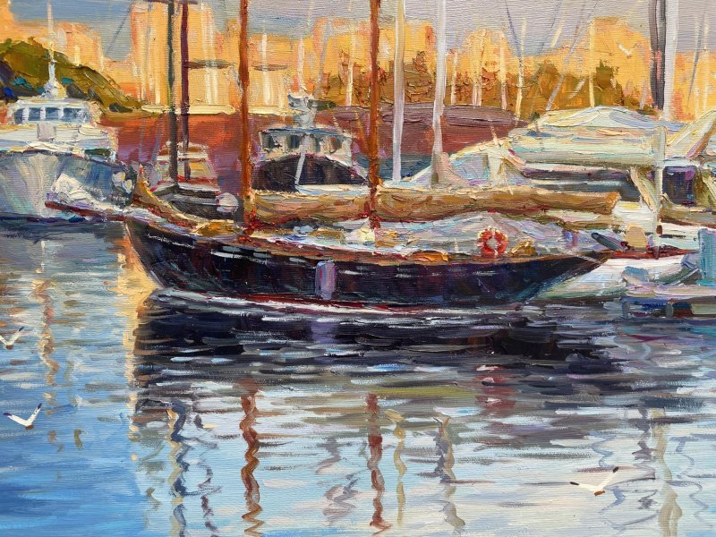 Additional view 3: Impressionism Marine Art Painting Quiet Harbor by painter Yevgeny Chernyakovsky oil canvas 
