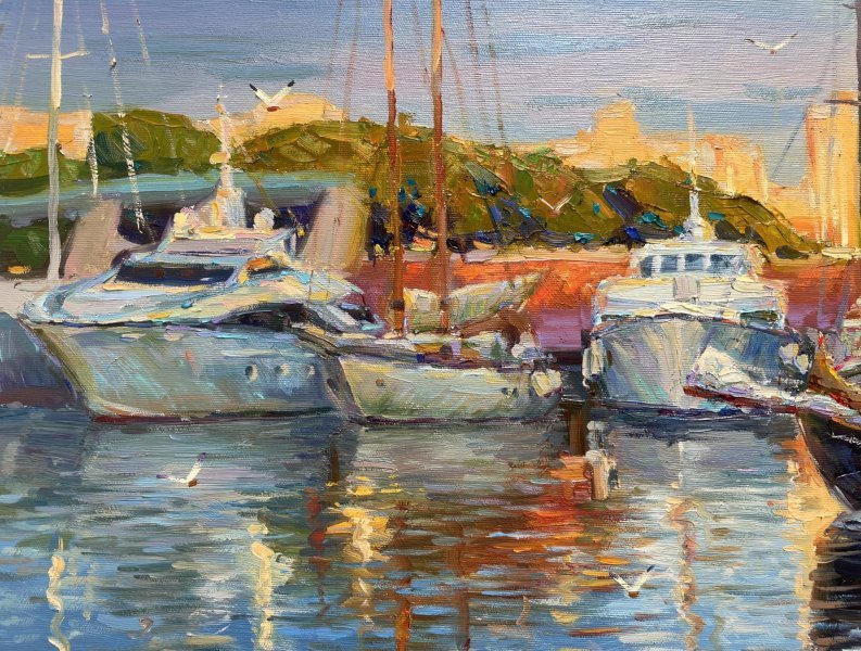 Additional view 4: Impressionism Marine Art Painting Quiet Harbor by painter Yevgeny Chernyakovsky oil canvas 