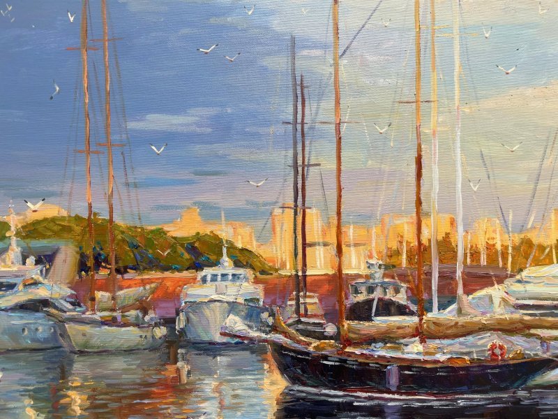 Additional view 5: Impressionism Marine Art Painting Quiet Harbor by painter Yevgeny Chernyakovsky oil canvas 