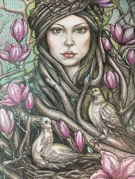 Imagem adicional 1: Primitivismo/Arte naïf Pintura mitológica Desenho "Magnolia Girl Despertar da Primavera", ilustrador NatalyArt tinta papel 
