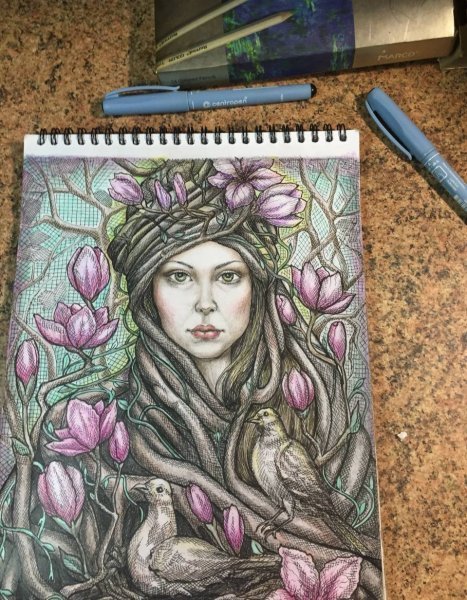 Imagem adicional 2: Primitivismo/Arte naïf Pintura mitológica Desenho "Magnolia Girl Despertar da Primavera", ilustrador NatalyArt tinta papel 