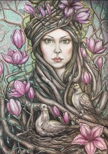 Imagem adicional 3: Primitivismo/Arte naïf Pintura mitológica Desenho "Magnolia Girl Despertar da Primavera", ilustrador NatalyArt tinta papel 