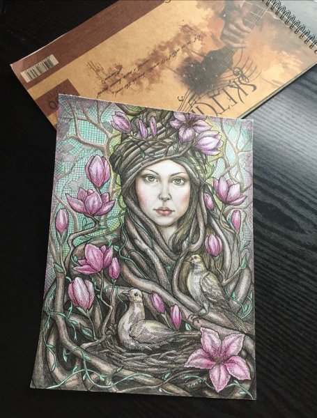 Imagem adicional 4: Primitivismo/Arte naïf Pintura mitológica Desenho "Magnolia Girl Despertar da Primavera", ilustrador NatalyArt tinta papel 