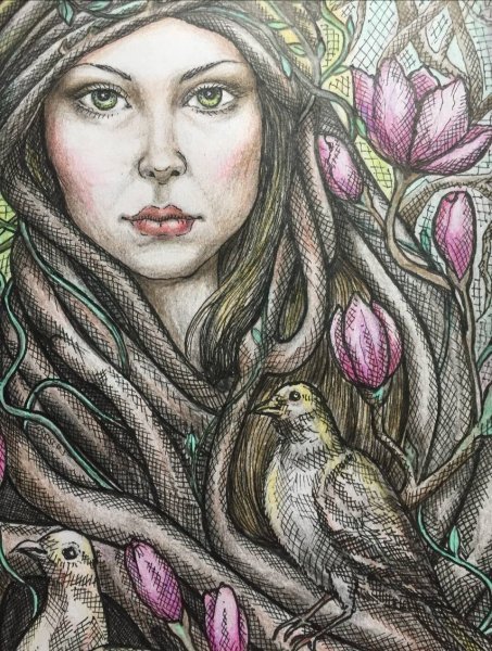 Imagem adicional 5: Primitivismo/Arte naïf Pintura mitológica Desenho "Magnolia Girl Despertar da Primavera", ilustrador NatalyArt tinta papel 