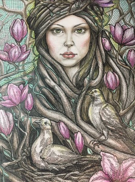 Imagem adicional 6: Primitivismo/Arte naïf Pintura mitológica Desenho "Magnolia Girl Despertar da Primavera", ilustrador NatalyArt tinta papel 