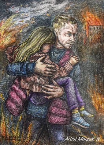 Desenho "Resgate no incêndio: bombardeios noturnos na Ucrânia", ilustrador NatalyArt técnica mista papel na Jose Art Gallery