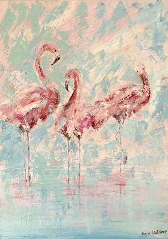 Pintura "Flamencos rosados", pintor Dora Kalinova óleo lienzo en Jose Art Gallery