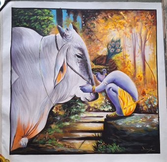 Painting "Krishna playing with cow" by painter Manish Vaishnav acrylic canvas at Jose Art Gallery