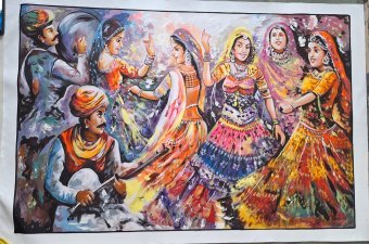 Painting "Folk Dance on Desert" by painter Manish Vaishnav acrylic canvas at Jose Art Gallery