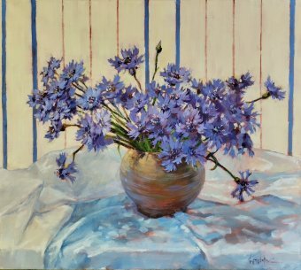 Painting "Cornflowers in a clay jug. Tenderness and peace" by painter Svetlana Komarova oil canvas at Jose Art Gallery