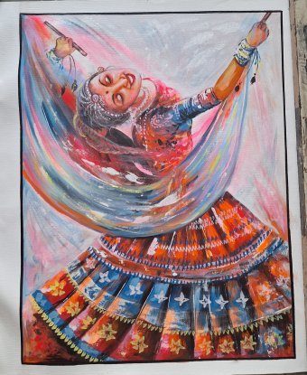 Painting "Rajasthani lady Dancing" by painter Manish Vaishnav acrylic canvas at Jose Art Gallery