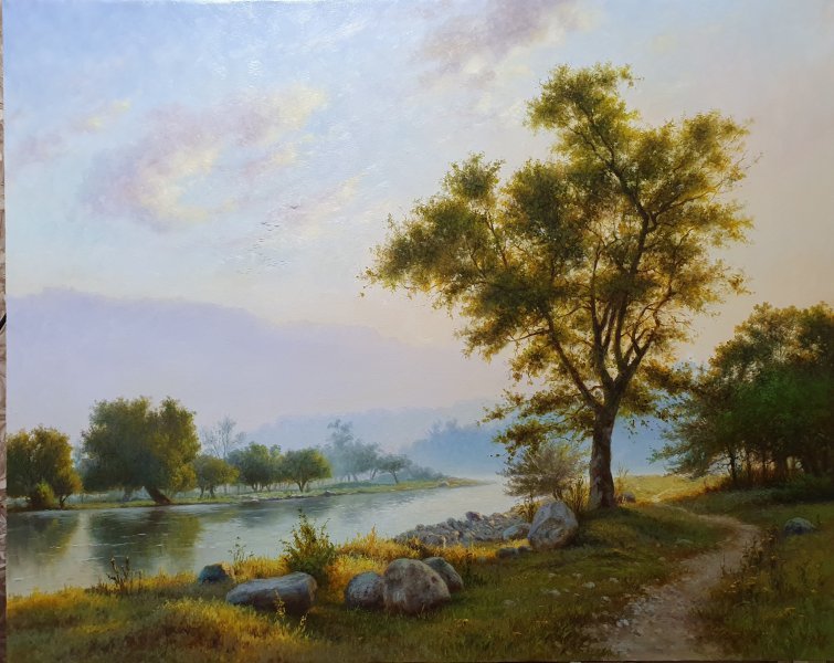 Dawn in the park. Realistic landscape Painting by Olim Muhammadali