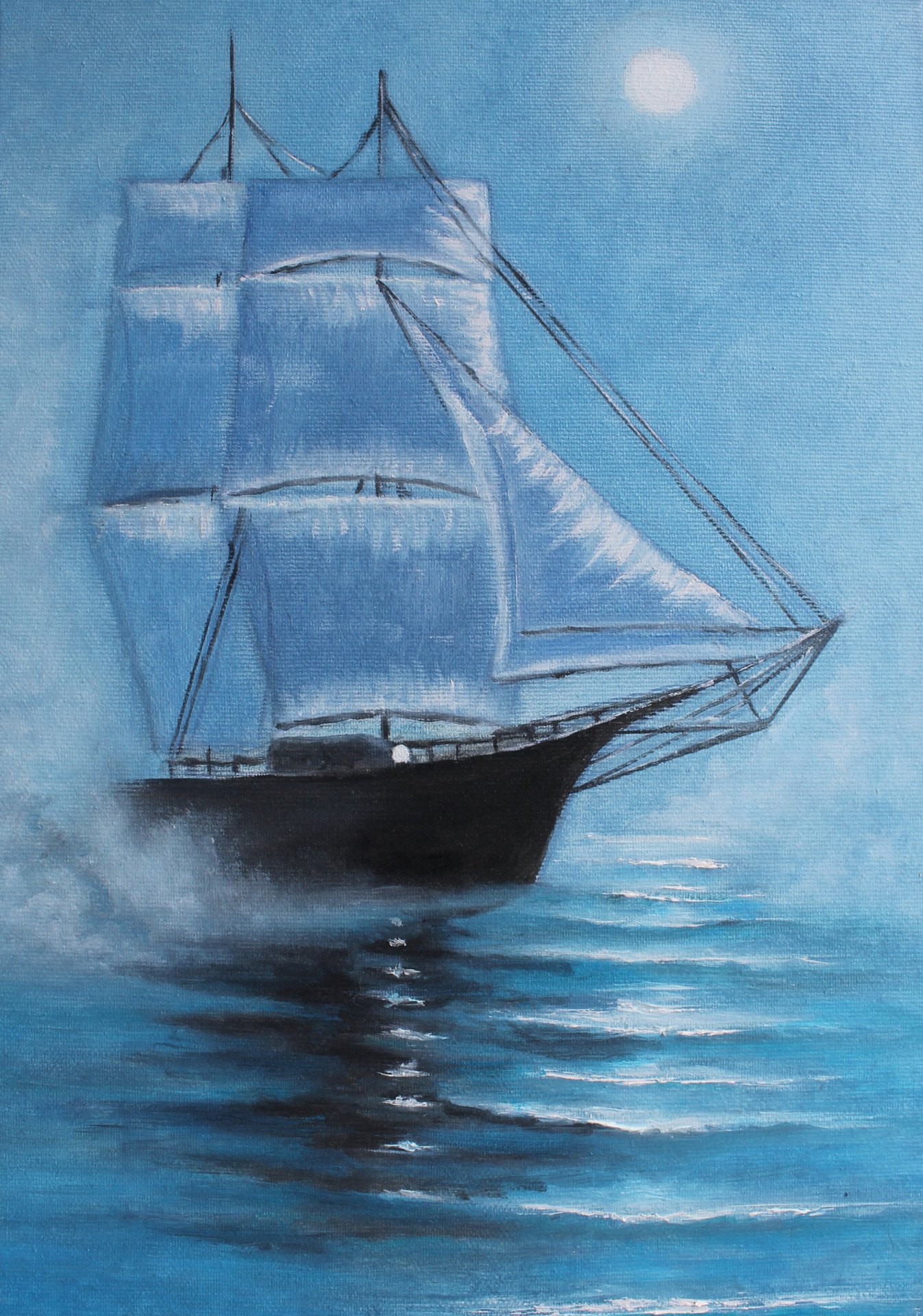 Sailboat in the fog. Painting by Vitalii Kernozenko