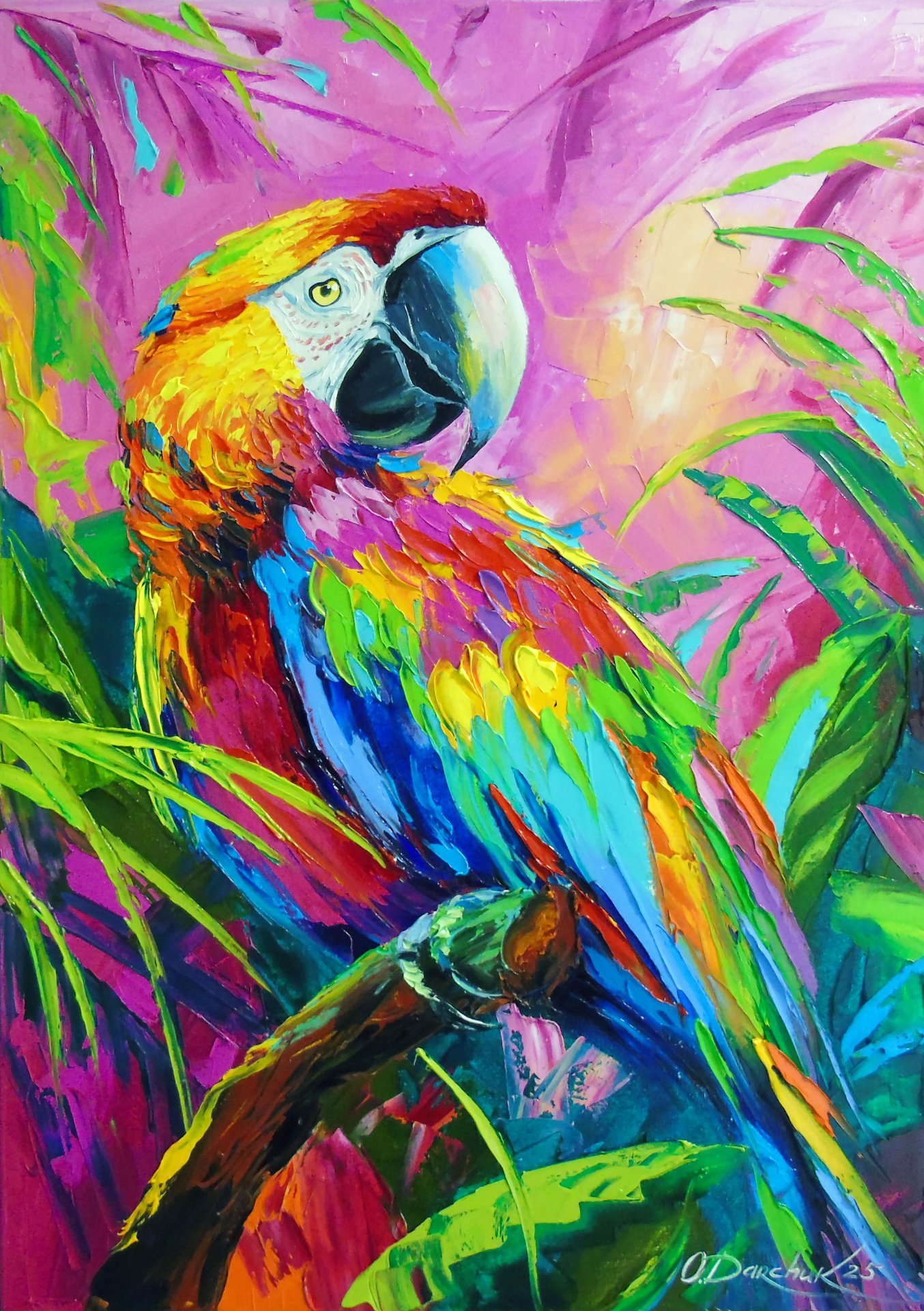 【絵画】ネイチャーアート「オウギガイを襲うヒョウモンダコ」原画 Macaw Parrot Painting by Olha Darchuk - Jose Art Gallery