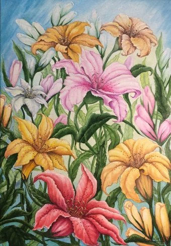 Malerei "Lilien im Garten: die Zärtlichkeit der Natur", maler/-in NatalyArt Öl Leinwand in der Jose Art Gallery