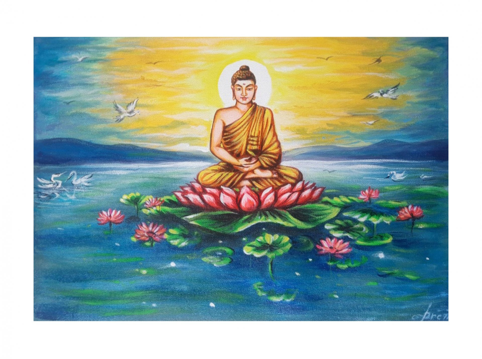 Buddha with Fluorescent Color Enhanced Glow Painting by Manish Vaishnav