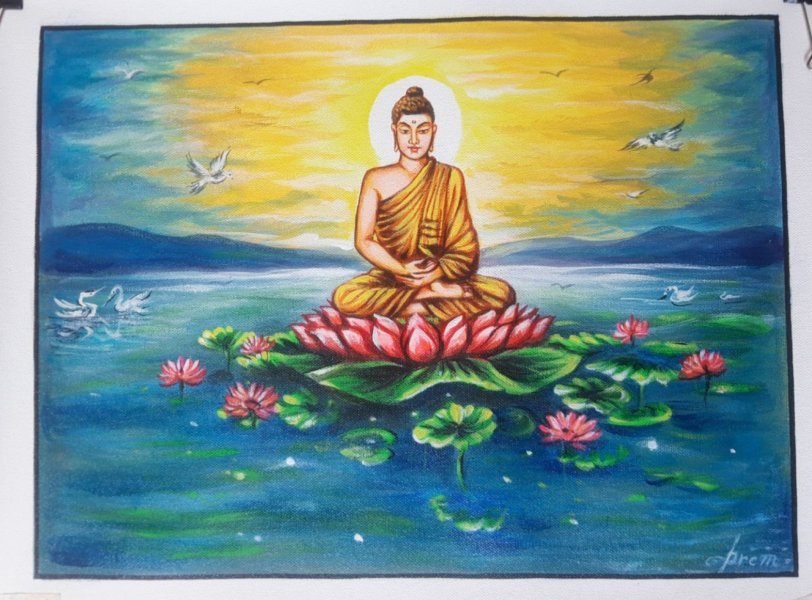 Buddha with Fluorescent Color Enhanced Glow Painting by Manish Vaishnav