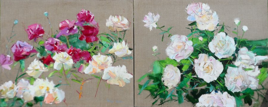 Expressionism Flower Painting Peonies by painter Yehor Dulin oil fabric 