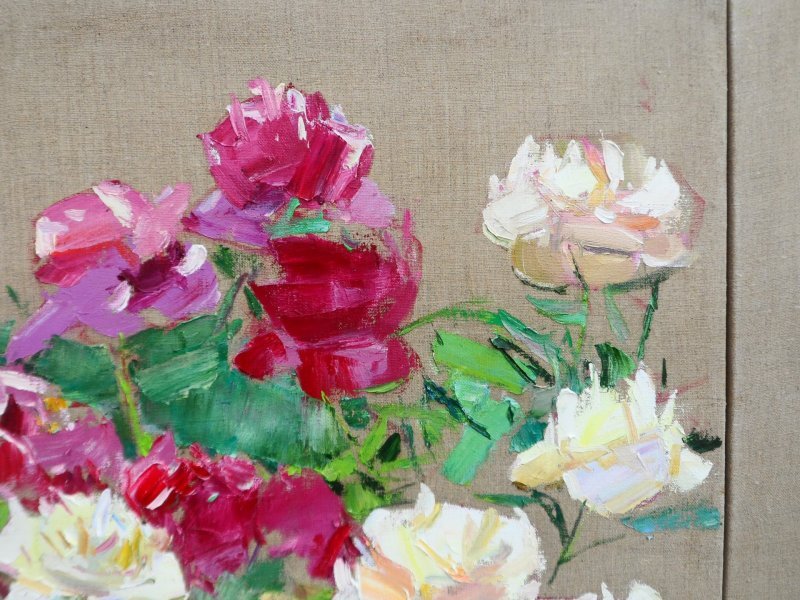 Additional view 2: Expressionism Flower Painting Peonies by painter Yehor Dulin oil fabric 