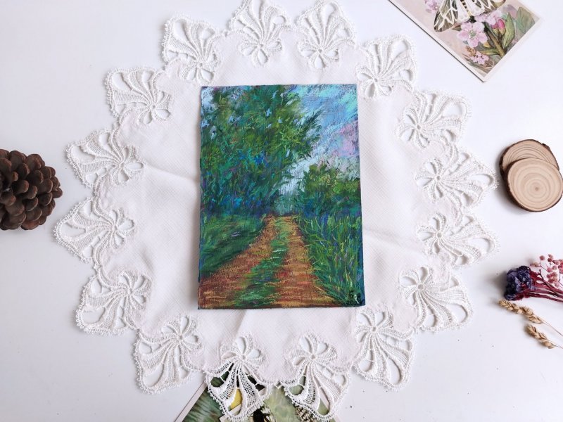 Additional view 1: Impressionism Landscape Drawing Colorful Forest Path by illustrator Nino Gudadze pastel paper 