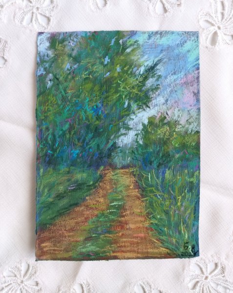 Additional view 2: Impressionism Landscape Drawing Colorful Forest Path by illustrator Nino Gudadze pastel paper 