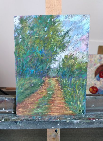 Additional view 3: Impressionism Landscape Drawing Colorful Forest Path by illustrator Nino Gudadze pastel paper 