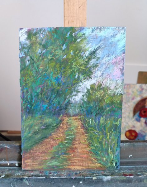 Additional view 4: Impressionism Landscape Drawing Colorful Forest Path by illustrator Nino Gudadze pastel paper 