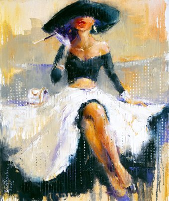 Painting "Afternoon smoke" by painter Anna Ravliuc oil canvas at Jose Art Gallery
