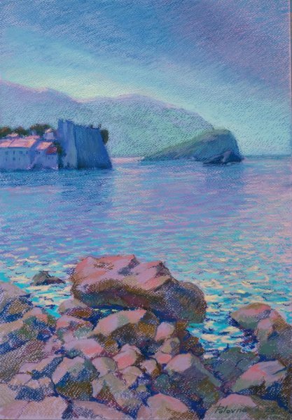 Impresionismo Paisaje marino Pintura "Serenidad del paisaje marino en la costa de Montenegro" pintor Olena Polovna pastel cartulina 