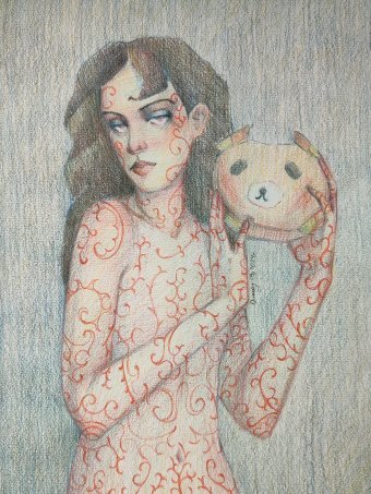 Drawing "My best friend in 2022" by illustrator Q May engraving paper at Jose Art Gallery