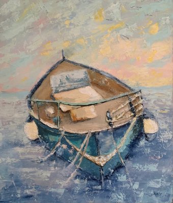Peinture "Vieux bateau par Summer Sea Horizon", peintre Dora Kalinova huile toile à la Jose Art Gallery