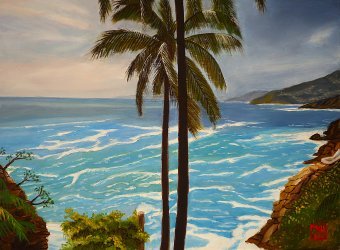 Painting "Coastal Serenity" by painter Thu Nguyen oil wood at Jose Art Gallery